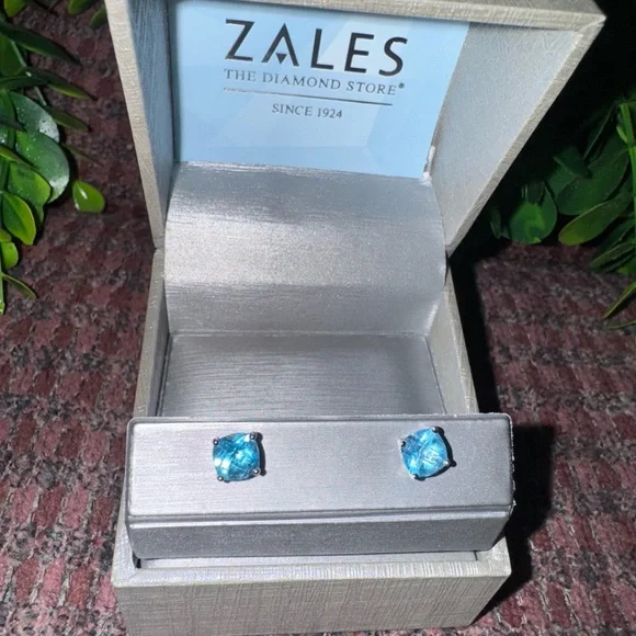 NEW Zales London Blue Topaz 10k White Gold Stud Earrings